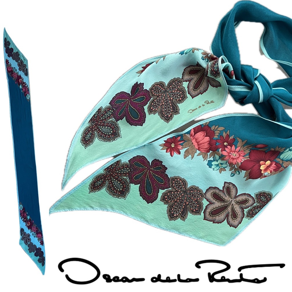 Vintage Silk Oscar de la Renta Teal Floral Scarf | Oblong 59”x11”